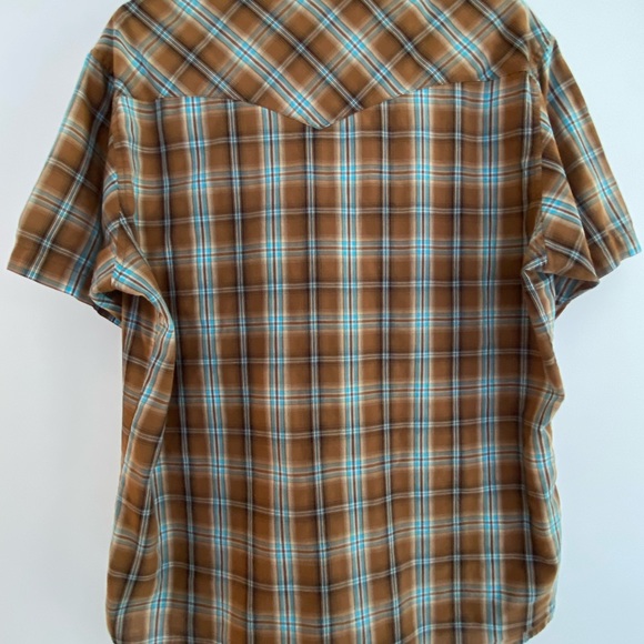 Wrangler Western Men’s Sz Large Plaid Pearl Snap Button Up Shirt Brown Blue - Picture 6 of 7